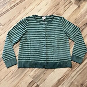 Sundance Burnout Green Striped Cardigan Sweater Sz L Button Front Wool Blend